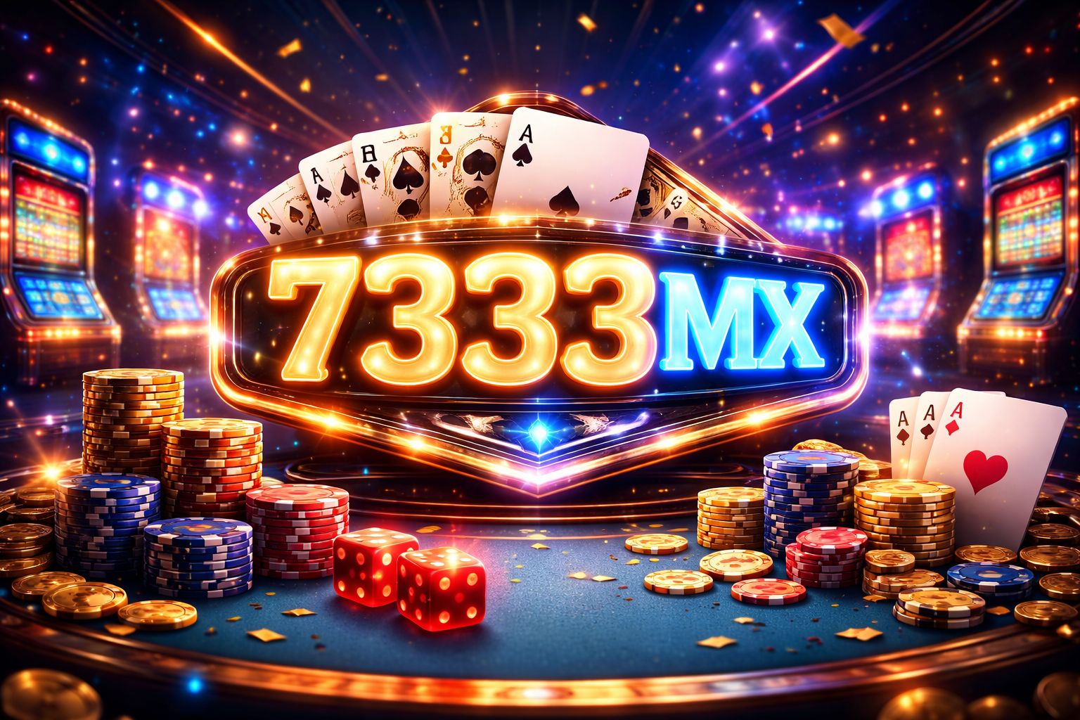 Una vibrante escena estilo casino 7333MX con fichas brillantes, cartas, dados y un letrero de marca luminoso.