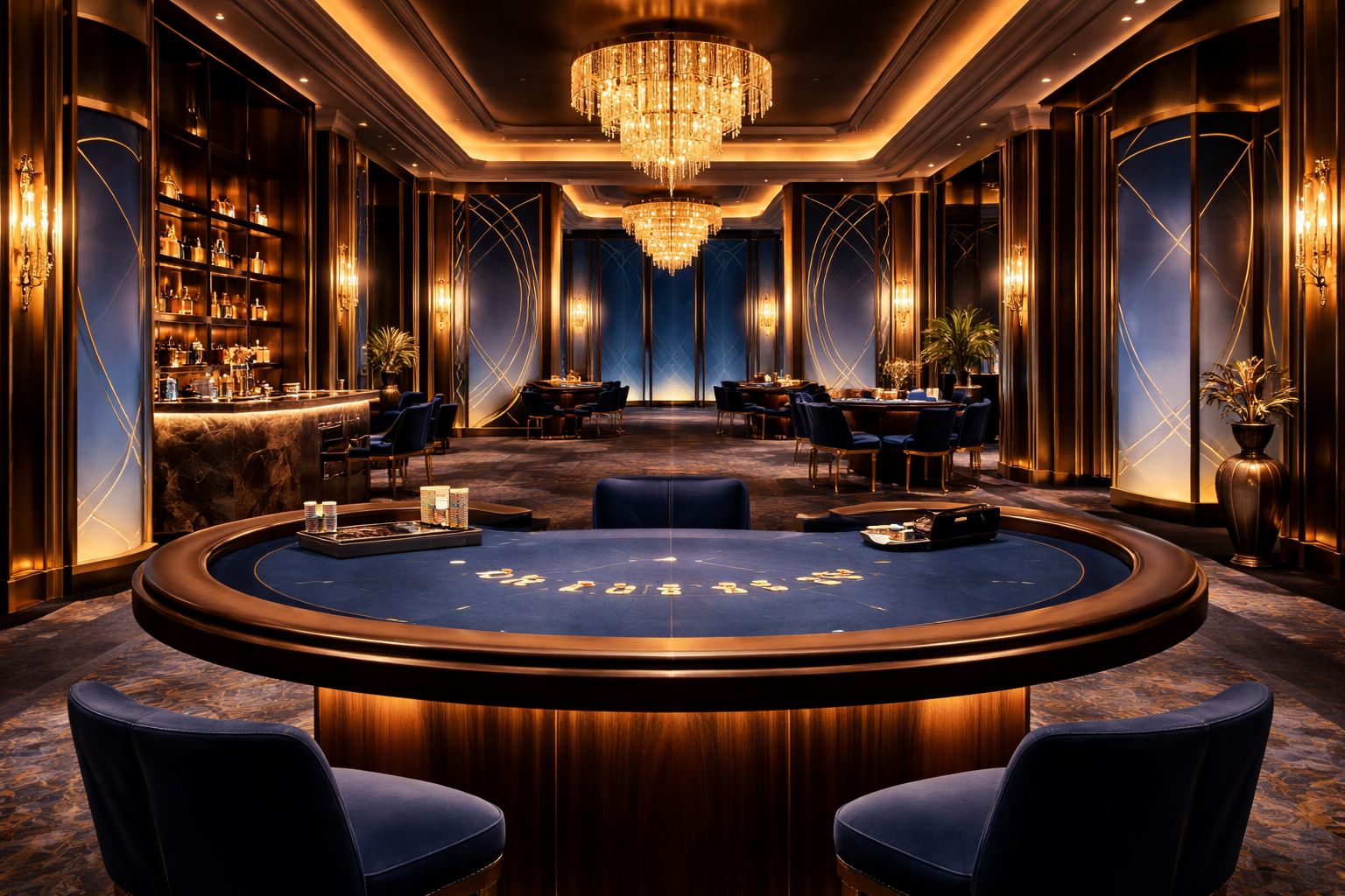 Un moderno set de casino en vivo con pantalla de jugador mostrando blackjack y una mesa elegante de estudio al fondo.