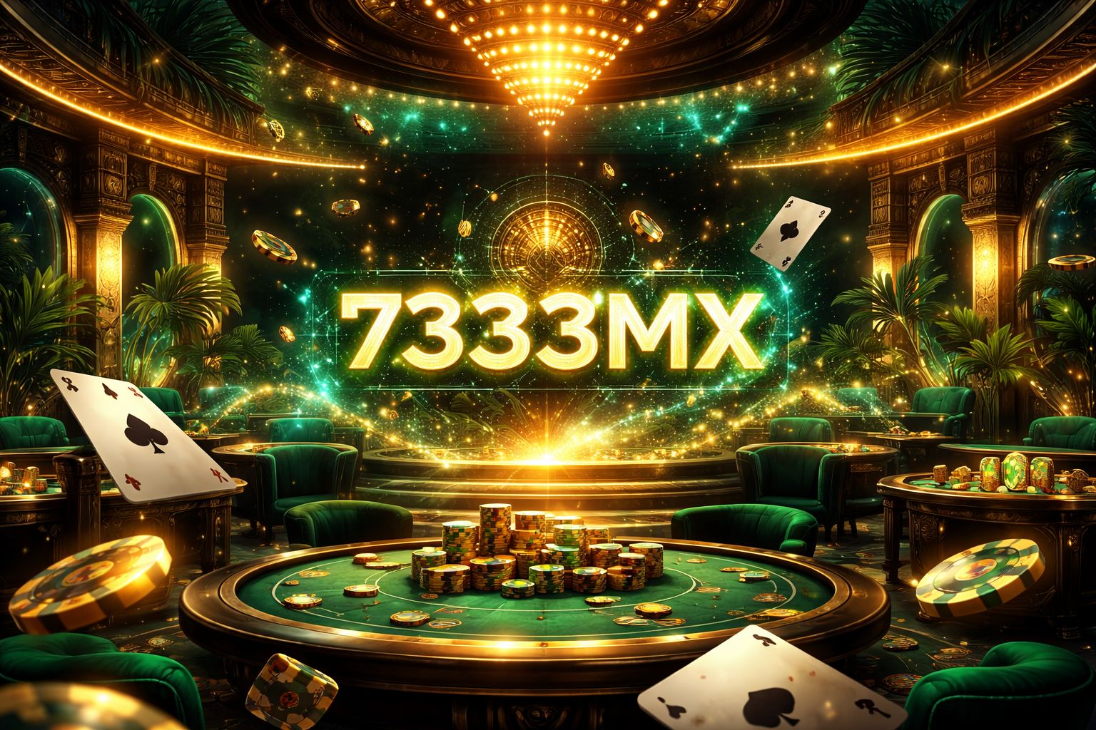 Una vibrante escena digital de juegos con 7333MX mostrado prominentemente, fichas brillantes, cartas y acentos dorados en un entorno moderno inspirado en México.