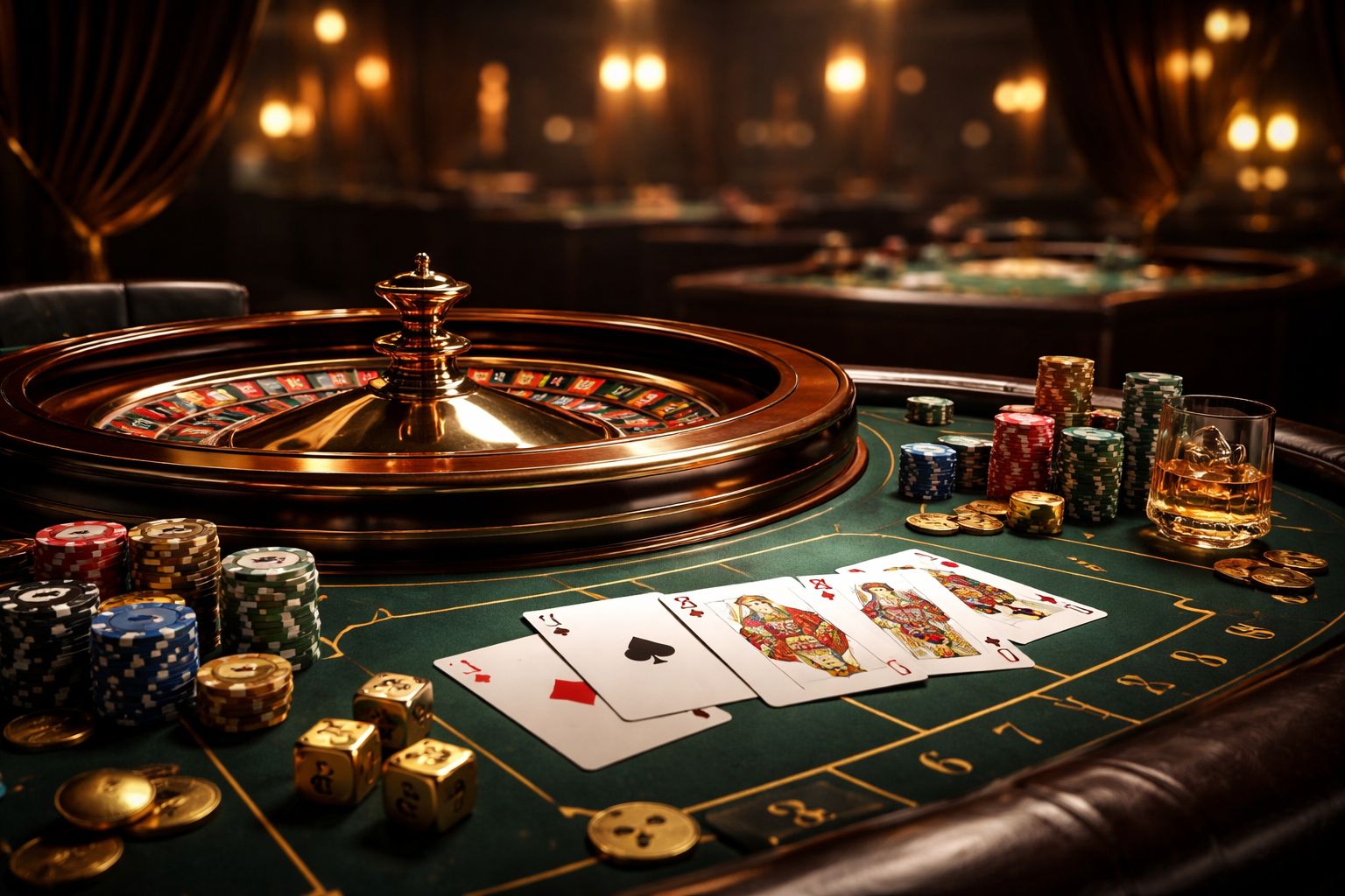 Un elegante montaje de juego en mesa en vivo con cartas, elementos de ruleta y un ambiente pulido de casino en línea.