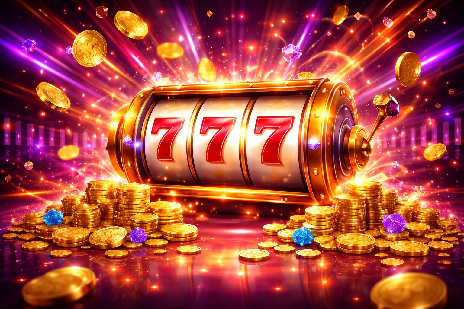 Una vívida pantalla de estilo tragamonedas con carretes brillantes, efectos de celebración y una atmósfera premium de casino en línea.